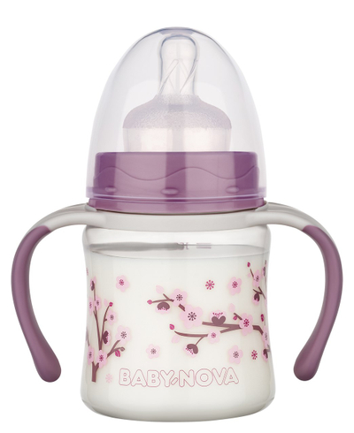 Shishe PP me mbajtës me qafë të gjerë Baby Nova (0-24 muaj), 150ml, vjollcë