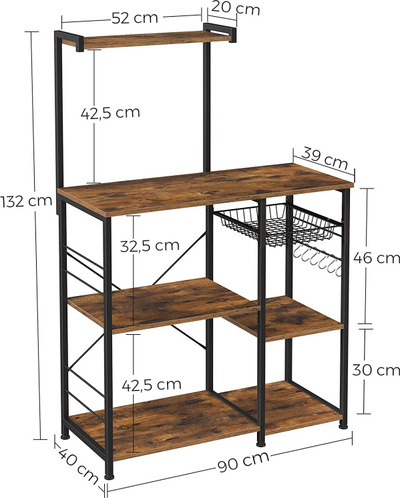 Raf kuzhine VASAGLE Baker’s Rack, 90 cm, me shportë metalike dhe 6 varëse, dru rustic brown dhe metal i zi