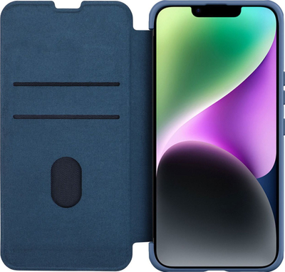 Këllëf flip Nillkin Qin Cloth Pro për iPhone 14 Plus, mbulesë kamere, blu