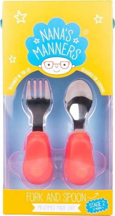 Set takëmesh për kalamaj Nanas Manners Stage 2, 1–3 vjeç, ergonomik, inox, rozë koral