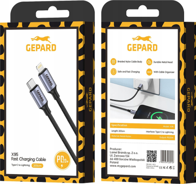 Kabllo USB Gepard USB C në Lightning, PD 20W, 2 metra, me kokë metalike