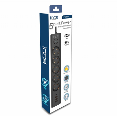 Prizë mbrojtëse Inca IPW-44TU, 5 dalje AC, 3x USB-A dhe 1x USB-C, kabllo 1.5m, e zezë