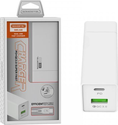 Karikues telefoni Somostel SMS-A80, 36W, Power Delivery QC 3.0, me kabllo Lightning, i bardh