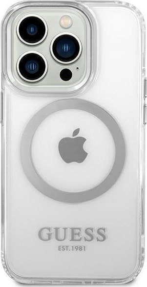 Mbrojtëse telefoni Guess Metal Outline MagSafe, iPhone 14 Pro Max, transparente, argjendtë