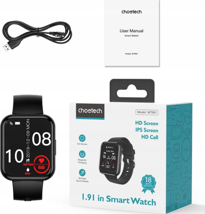 Smartwatch Choetech WT001, ekran 1.91", IP67, karikim me wireless, i zi