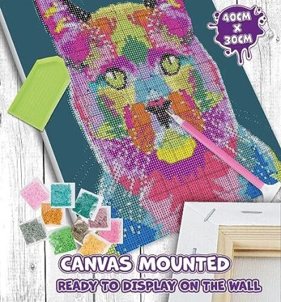 Set pikturimi me diamante Splat Planet Cat, kanavacë 30x40cm, mace shumëngjyrëshe
