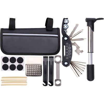 Set veglash biçiklete Dunlop 14 copë, multitool edhe pompë, me çantë, i zi