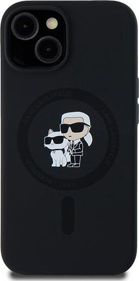 Kapak telefoni Karl Lagerfeld Karl and Choupette, silikon, MagSafe, për iPhone 15, i zi