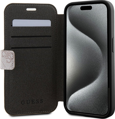 Këllëf portofol Guess 4G Logo për iPhone 15 Pro, lëkurë PU, me xhepa kartash, rozë