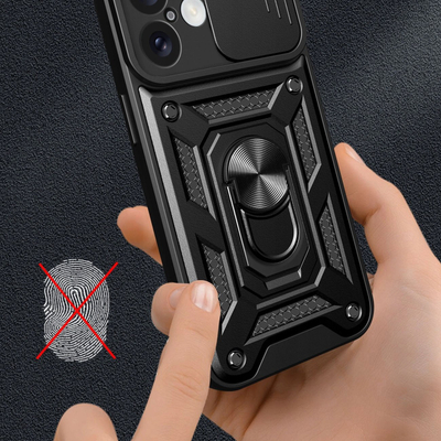 Këse mbrojtëse Hybrid Armor Camshield për iPhone 16, me kapak kamere, me stand, e zezë