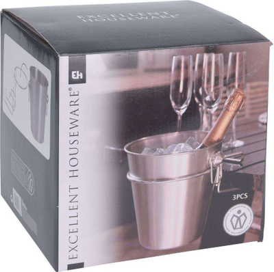 Ftohës shampanje Excellent Houseware, set 3 pjesë me mbajtëse, çelik inox, argjendtë