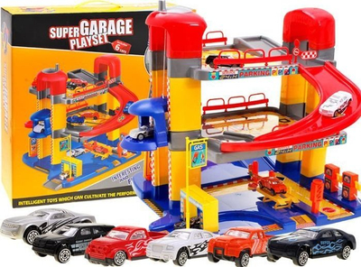 Garazh lodër Super Garage Playset, me shumë kate, me 6 makina, shumëngjyrësh