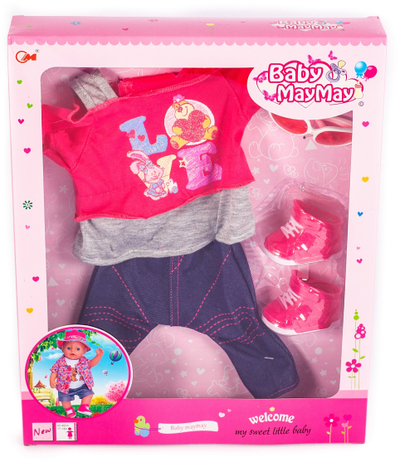 Set rrobash për kukull Midex Baby MayMay, bluzë dhe pantallona, këpucë dhe syze, rozë