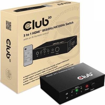 Ndarës HDMI Club 3D CSV-1381, 3 me 1, 8K 60Hz 4K 120Hz, me telekomandë, ngjyrë e zezë