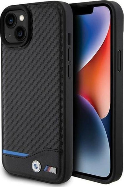 Mbrojtëse telefoni BMW Leather Carbon për iPhone 15 Plus, lëkurë dhe karbon, e zezë