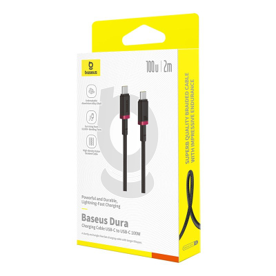Кабел полнач Baseus Dura, USB C во USB C, 100W, 2m, црвено-црн