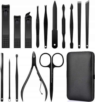 Set manikyr pedikyr LeanToys, 16 pjesë, kuti udhëtimi, i zi