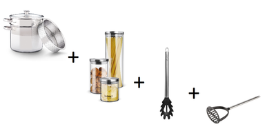 SET: Tenxhere për pasta Lamart LT1067, 6 L + set kavanozë qelqi Lamart LT6025, 3 copë +  shtypëse puresh Lamart LT3993, e zezë +lugë kuzhine Lamart LT3989, e zezë