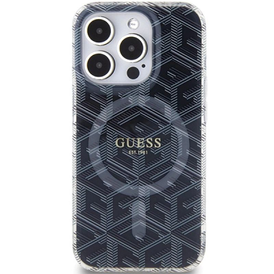 Kuti mbrojtëse Guess IML GCube MagSafe për iPhone 15 Pro Max 6.7", e tejdukshme, e zezë