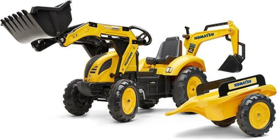Traktor lodër Komatsu me pedale, ngarkues përparmë dhe pasëm, rimorkio, i verdhë