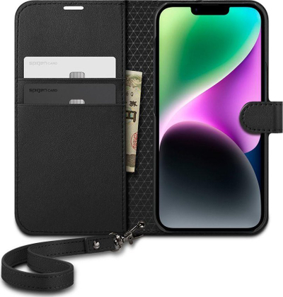 Kapak-portofol Spigen për iPhone 14, me varëse, lëkurë PU, i zi