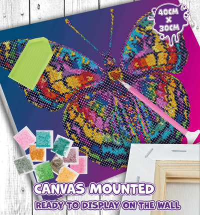 Set pikturimi me diamante Splat Planet Butterfly, kanavacë 40 x 30 cm, me kornizë druri, shumëngjyrësh