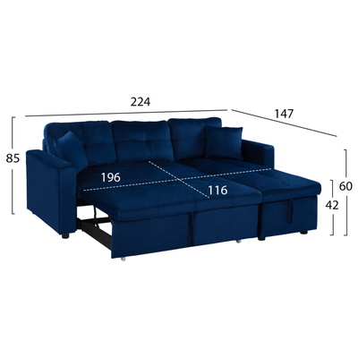 Kënd divan krevate Wayne HM3028.18, 224x147x85 cm, kadife, blu e errët