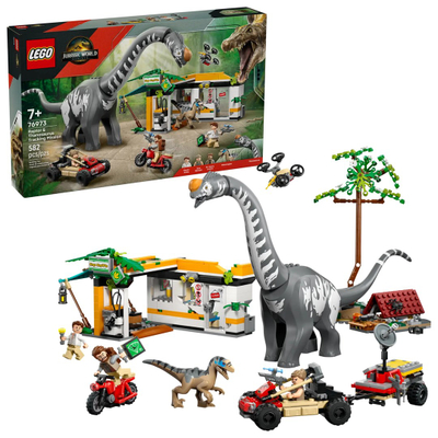 Set lodër LEGO Jurassic World Raptor dhe Titanosaurus Tracking Mission, me dinosaurë, me automjet