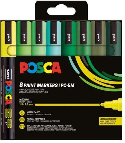 Set markera Uni Posca PC-5M, 8 copë, majë mesatare, nuanca jeshile