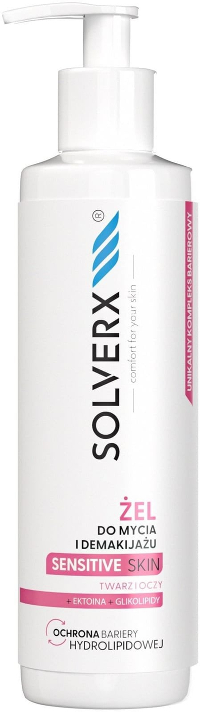 Гел за чистење Solverx Sensitive Skin, отстранувач на шминка за лице и очи, 200ml