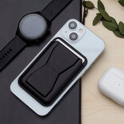 Mbajtëse kartash për telefon Hello Case, me bazë stand universale, e zezë