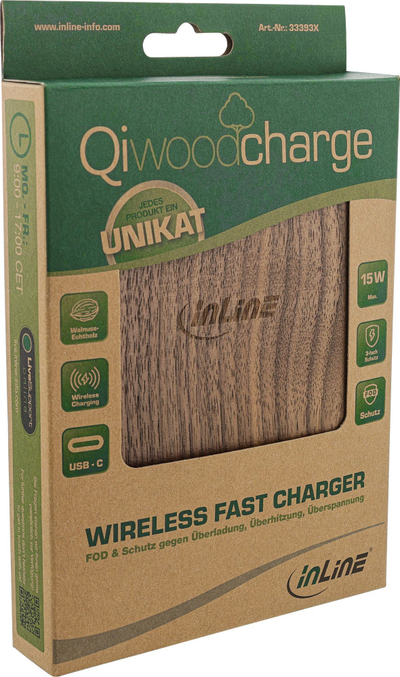 Karikues wireless InLine Qi Woodcharge, Fast Charge 15W, USB C, ngjyrë druri