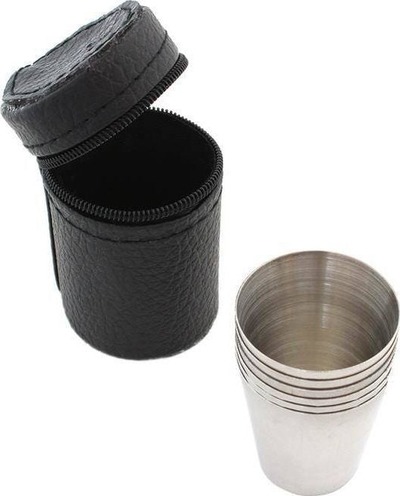 Set gota udhëtimi çelik inox, 6 copë, 30ml, argjendtë me kuti të zezë