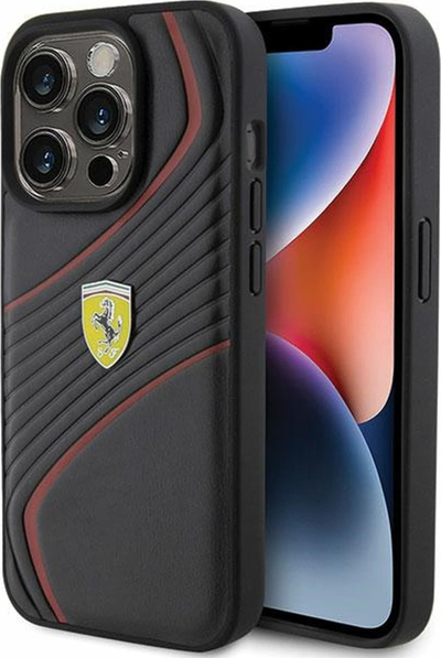 Mbulesë telefoni Ferrari Twist Metal Logo për iPhone 15 Pro 6.1", plastike, e zezë
