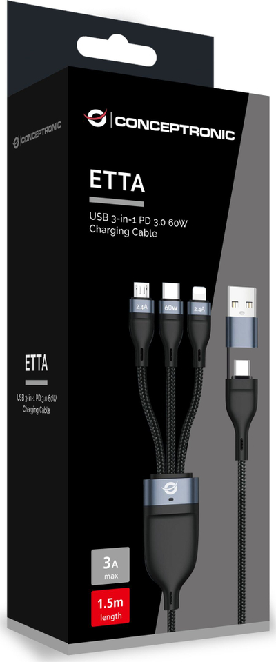 Kabllo Conceptronic USB-C USB-A 3.0 3 në 1, 60W, 1.5m, e zezë