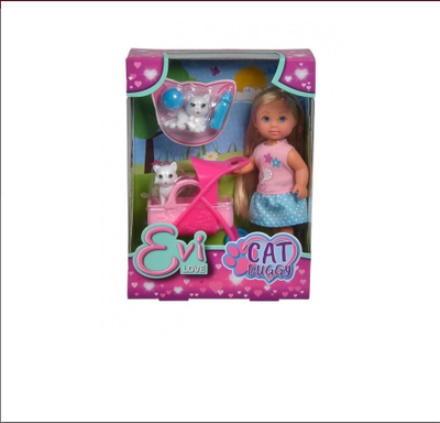Set lodrash Simba Evi Kitten Babysitter, kukull 12 cm, me karrocë dhe kotele, shumëngjyrëshe