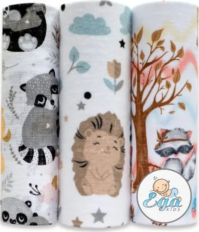 Set pelena muslini Ega Kids Forest Animals, 3 copa, 70 x 70 cm, shumëngjyrëshe