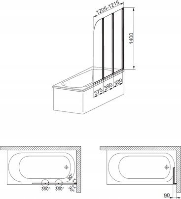 Ekran dushi për vaskë KFA Modern 3, 120140 cm, xham sigurie 4 mm, i zi transparent