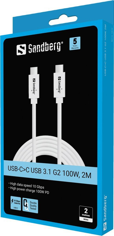Kabllo USB Sandberg USB-CC, USB 3.2 Gen2, 100W PD, 2m, e zezë