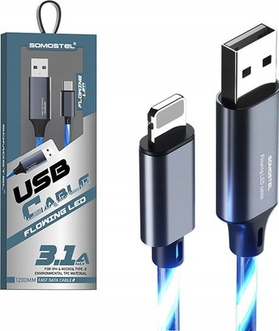 Kabllo karikimi Somostel Flowing LED USB Lightning, 3.1A 30W, 1.2m, gri me dritë blu