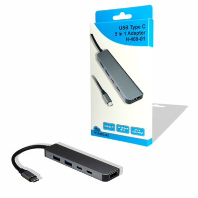 Adapter USB-C Inter-Tech Argus H-469-01 5in1, HDMI 4K, PD 100W, gri