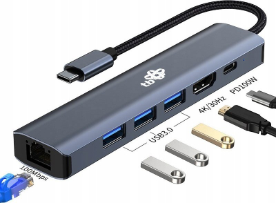 Adapter HUB USB C TB 6n1, HDMI 4K, RJ45, 3x USB, grafit