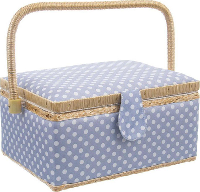 Kuti organizuese për qepje, druri me tekstil, 30x23x16 cm, blu me pika të bardha