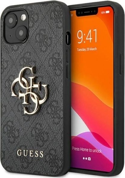 Kllëf telefoni Guess 4G me logo metal, për iPhone 13, PU, gri