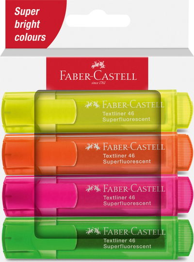 Set markera Faber-Castell Textliner 46, 4 copë, tip maja e pjerrët, ngjyra të përziera