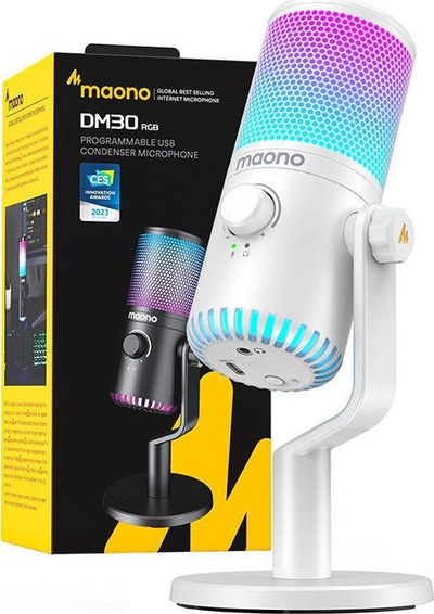 Микрофон USB Маоно DM30, кондензатор кардиоиден, RGB, бел