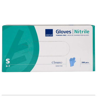 Doreza nitrili Abena Classic Sensitive S, pa pluhur, 200 copë, blu e çelët