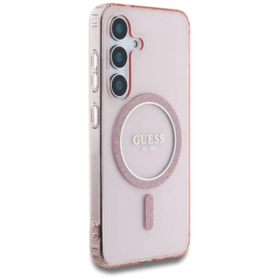 Futrollë Guess Glitter Circle Classic Logo MagSafe për Samsung Galaxy S25, rozë