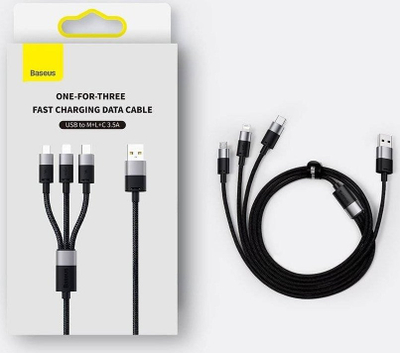 Kabllo karikimi Baseus CAXS000002, 3 në 1 USB-A në Lightning, micro USB edhe USB-C, 1.2m, e bardhë