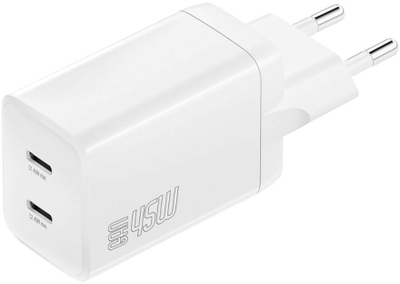 Ѕиден полнач 4smarts PDPlug Dual 540400, 45W GaN, 2 USB-C порти, бел
